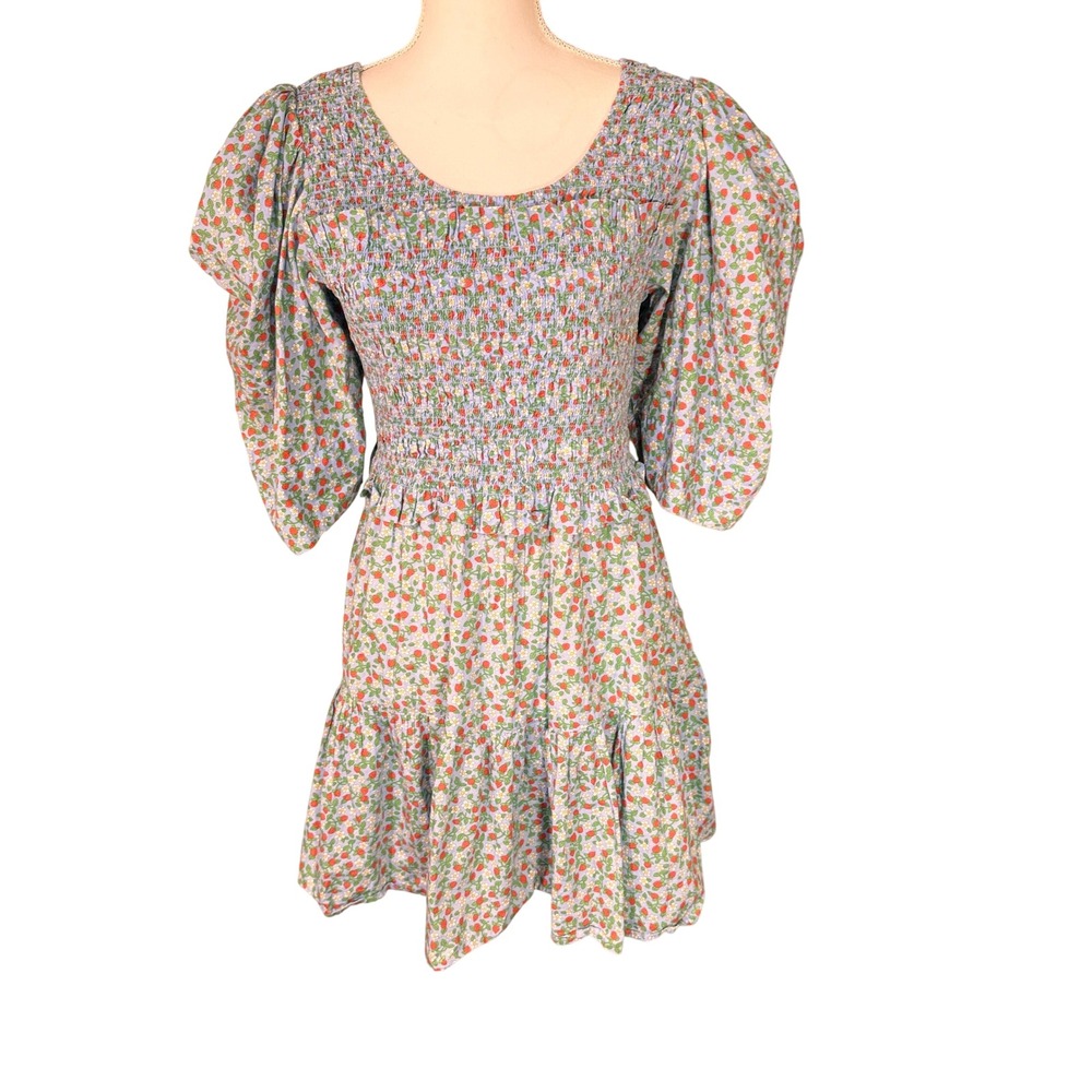 Sea New York Lilly Smocked Mini Dress Blue Strawberry Floral Puff Sleeve Large